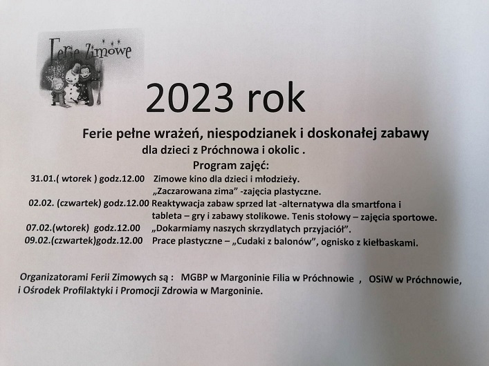 Plakat z programem zajęć ferie 2023, napisy na białym tle