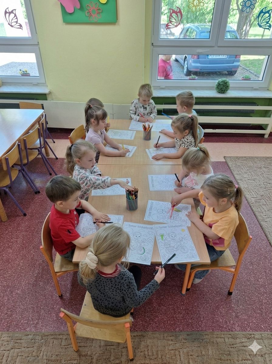 Przedszkolaki kolorują przy stoliku.