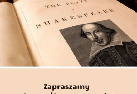 Plakat informujący o spotkaniu grupy "Teatru Czytanego" w margonińskiej bibliotece w dniu 15.06.2026 r. o godz. 11.00. Na plakacie otwarta książka i wizerunek Williama Shakespeare'a.